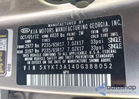 2013 Kia Sorento Lx from USA, damaged, VIN 5XYKT3A14DG388052